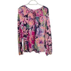 Lilly Pulitzer Top Women's XL Pink Navy Willa Blouse Long Sleeves